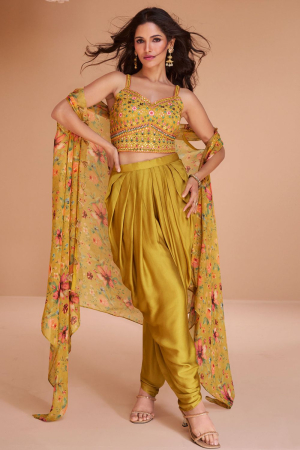 Maize Yellow Pure Satin Silk Indo Western for Women