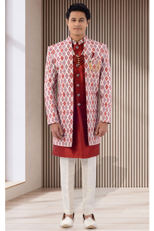 Maroon and Multioclor 3 Piece Jacket Style Sherwani