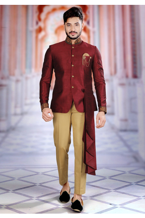 Maroon Art Silk Men Jodhpuri Suit