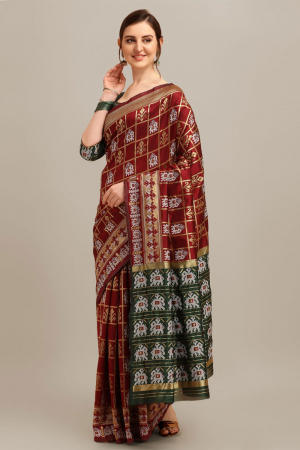 Maroon Banarasi Cotton Silk Patola Pattern Weaving Printed Party Wear Saree