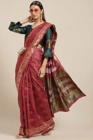 Maroon Banarasi Cotton Weaving Silk Bandhani Printed Festival Wear Saree