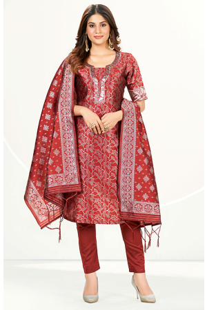 Maroon Banarasi Silk Zari Woven Suit 