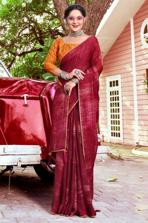 Maroon Crepe Saree with Embroidered Blouse