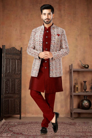 Maroon Designer 3 Piece Indo Western Outfit