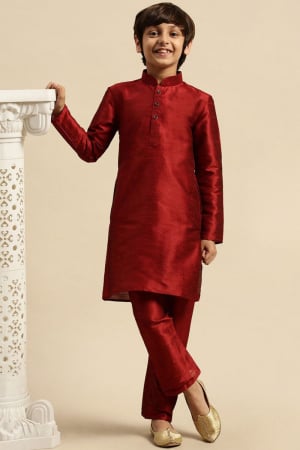 Maroon Dupion Silk Boys Kurta Set