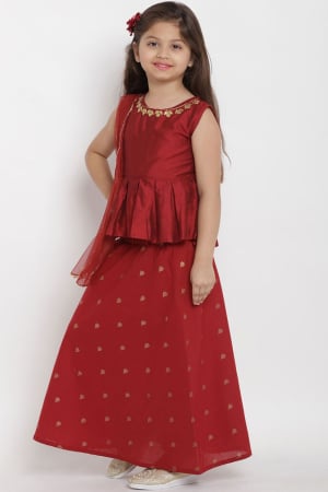 Maroon Dupion Silk Lehenga Choli for Girls