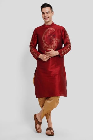 Maroon Dupion Silk Mens Kurta Set