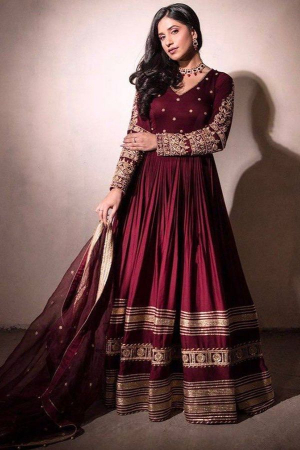 Maroon Embroidered Chinnon Gown with Net Dupatta
