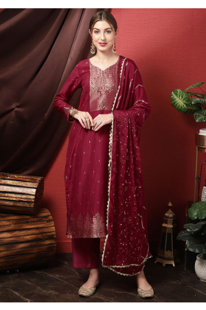 Maroon Embroidered Dola Silk Plus Size Suit