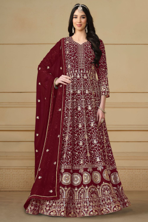 Maroon Embroidered Faux Georgette Anarkali Suit