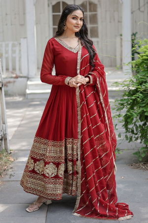 Maroon Embroidered Faux Georgette Gown with Dupatta