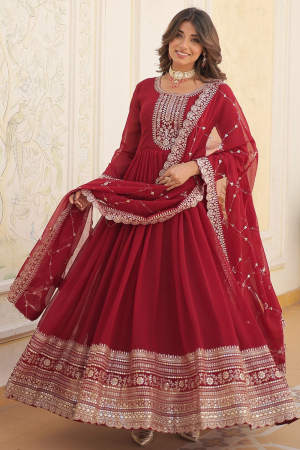 Maroon Embroidered Faux Georgette Gown with Dupatta