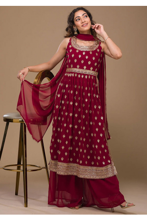 Maroon Embroidered Faux Georgette Palazzo Kameez