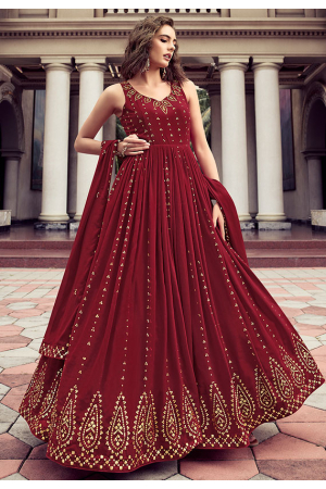 Maroon Embroidered Georgette Gown with Dupatta