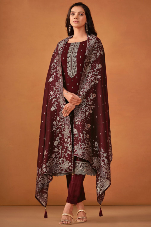 Maroon Embroidered Georgette Pant Kameez for Festival