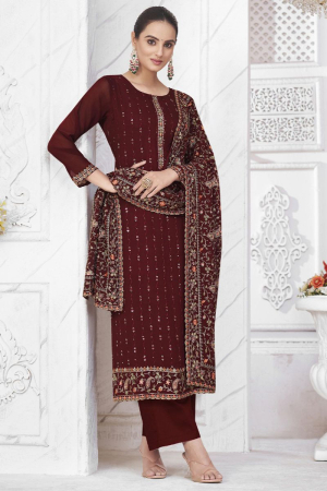 Maroon Embroidered Georgette Trouser Kameez for Ceremonial