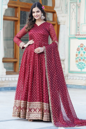 Maroon Embroidered Jacquard Gown with Dupatta