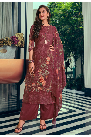 Maroon Embroidered Muslin Plus Size Suit