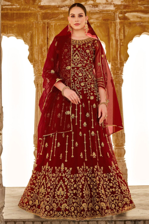 Maroon Embroidered Net Anarkali Suit for Festival