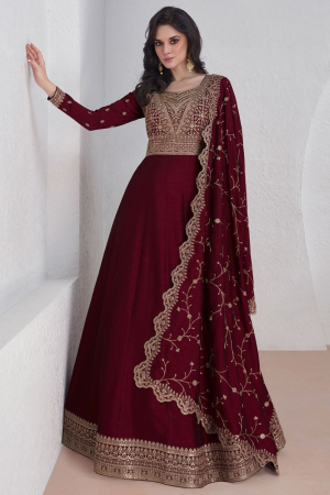 Maroon Embroidered Silk Anarkali Gown with Dupatta for Festival