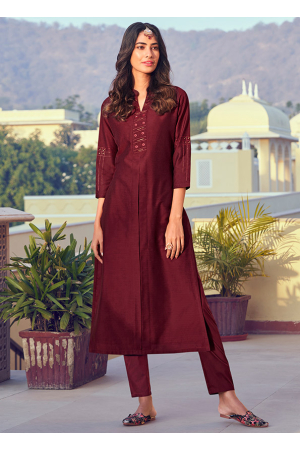 Maroon Embroidered Silk Kurti with Pant