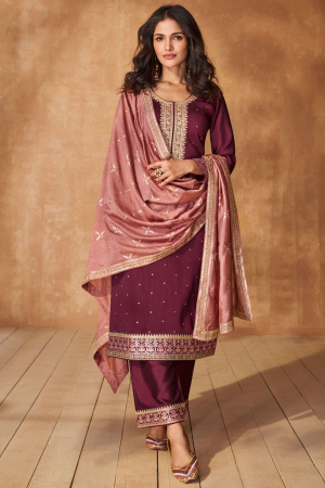 Maroon Embroidered Silk Readymade Trouser Kameez