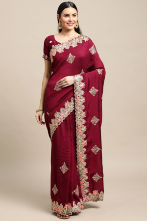 Maroon Embroidered Silk Saree for Festival