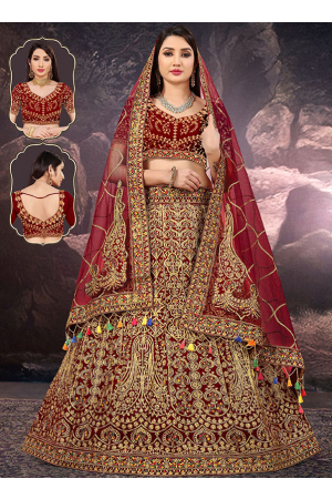 Maroon Embroidered Velvet Bridal Lehenga Choli