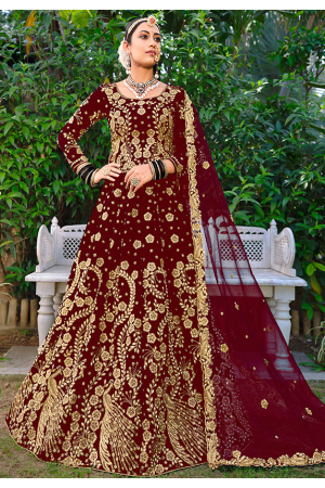 Maroon Embroidered Velvet Bridal Lehenga Choli