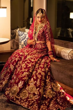 Maroon Embroidered Velvet Bridal Lehenga Choli