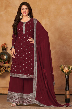 Maroon Faux Georgette Embroidered Palazzo Kameez