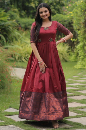 Maroon Flared Banarasi Jacquard Silk Gown