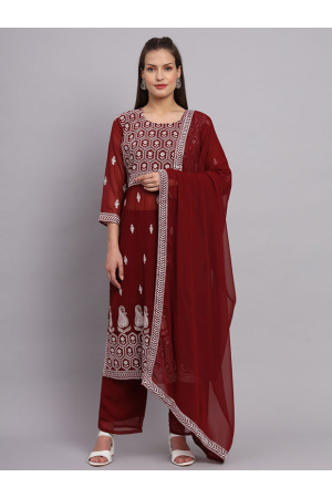 Maroon Georgette Embroidered Trouser Kameez Suit