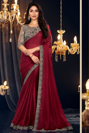 Maroon Georgette Zari Shimmer Saree with Embroidered Blouse