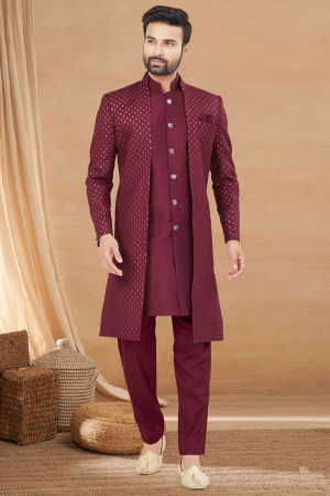 Maroon Heavy Art Silk Embroidered Indo Western Outfit
