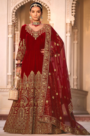 Maroon Heavy Embroidered Velvet Anarkali Suit