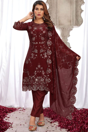 Maroon Heavy Faux Georgette Embroidered Pant Kameez Suit