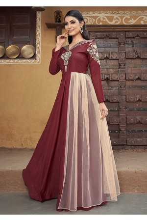 Maroon Heavy Muslin Embroidered Gown