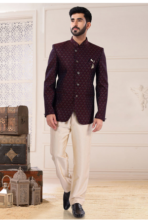 Maroon Jacquard Jodhpuri Suit