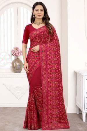Maroon Kashmiri Embroidered Georgette Saree
