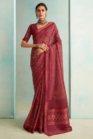 Maroon Pure Jute Printed Saree