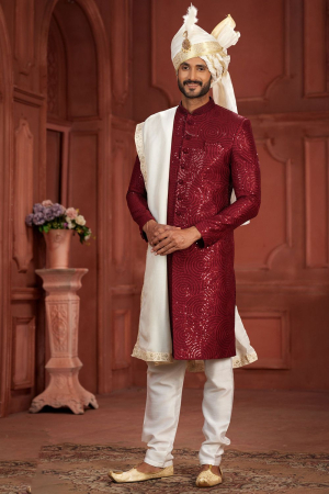 Maroon Pure Silk Wedding Wear Sherwani
