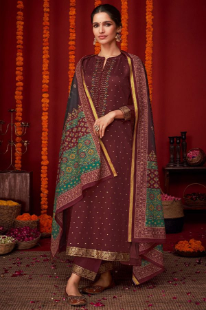 Maroon Pure Viscose Satin Embroidered Suit