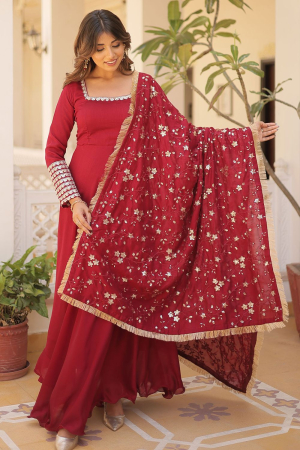 Maroon Readymade Gown with Dupatta