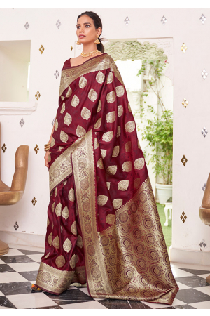 Maroon Satin Handloom Weaving Saree