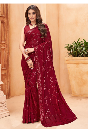 Maroon Sequined Faux Georgette Saree