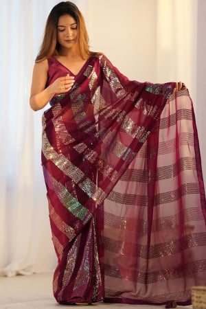 Maroon Sequined Georgette Saree for Festival