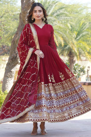 Maroon Sequins Embroidered Faux Georgette Gown with Dupatta