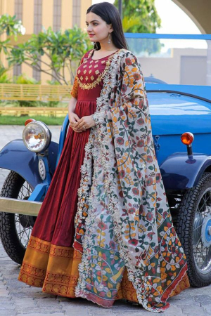 Maroon Silk Anarkali Gown with Dupatta