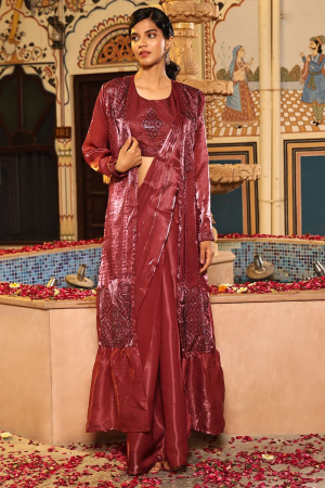Maroon Silk Ready to Wear Saree with Embellished Jacket